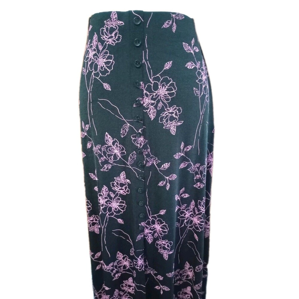 Vtg Slouchy Stretchy Floral Maxi Skirt Black Pink Fairy Whimsy Art Sz S Cottage - Picture 2 of 7